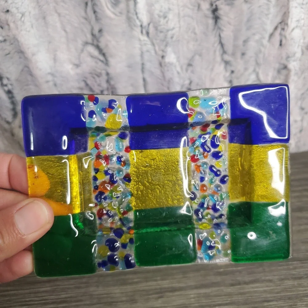 Rectangular Fused Art Glass Soap Dish Jewel Tones 5.5